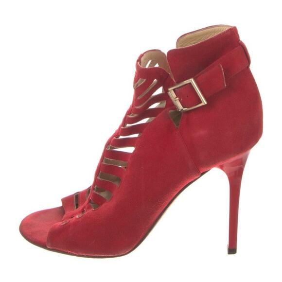 JIMMY CHOO Laser Cut Peep-toe Heels Red Suede Stiletto Bootie US 9-9.5 EU 39.5 - Picture 1 of 5